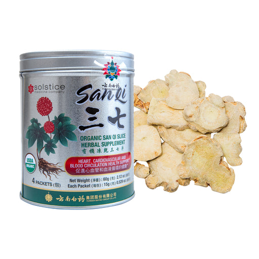Image of product packaging with ingredient of the Organic San Qi Slices by Yunnan Baiyao